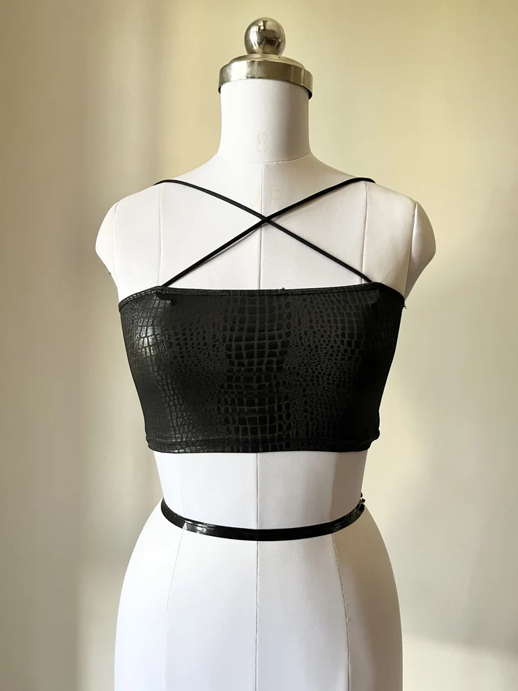 Criss-cross black soft pu top