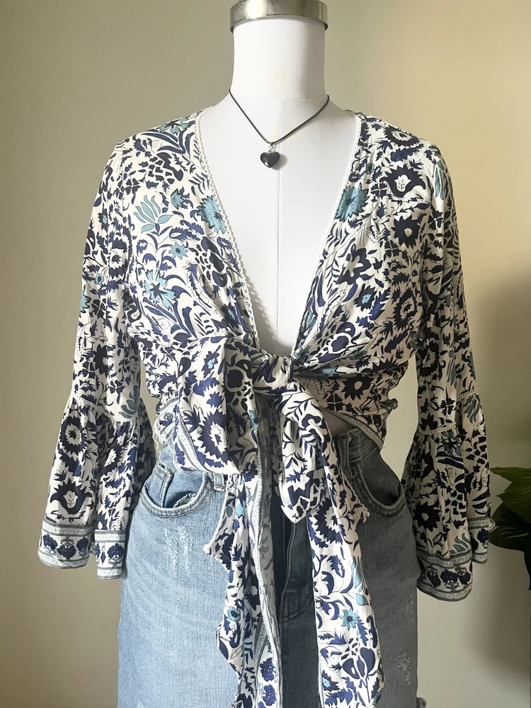 Blue paisley wrap top 