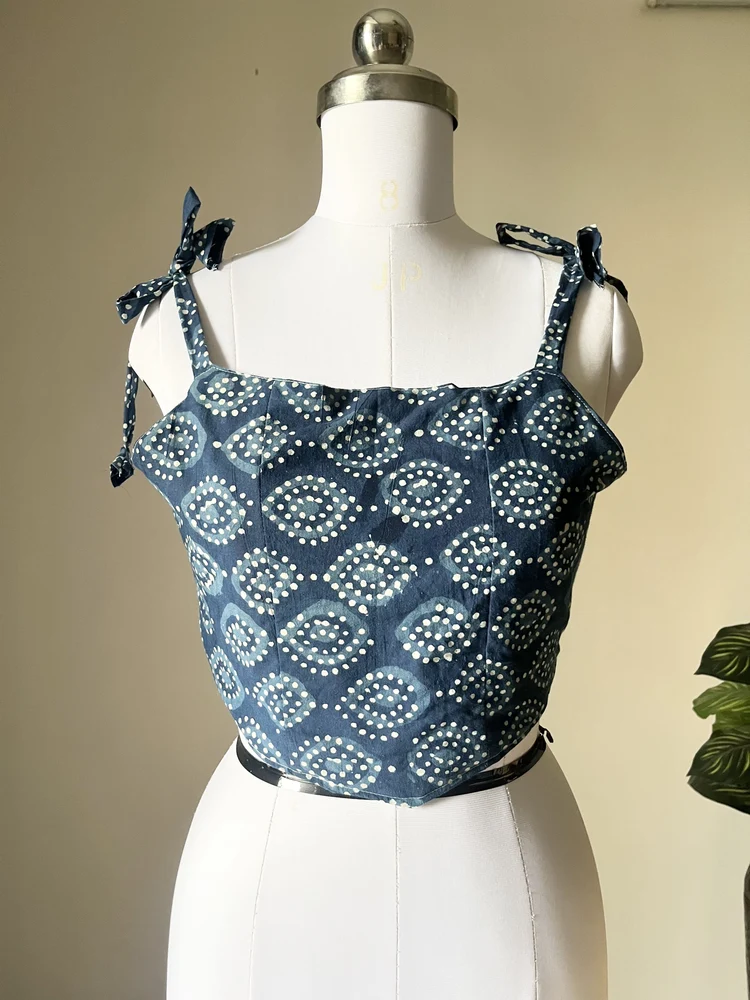 Indigo print corset top 