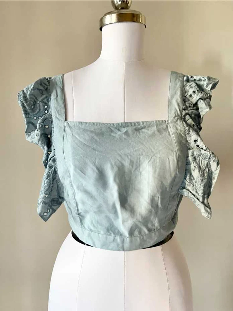Blue denim style frill top 