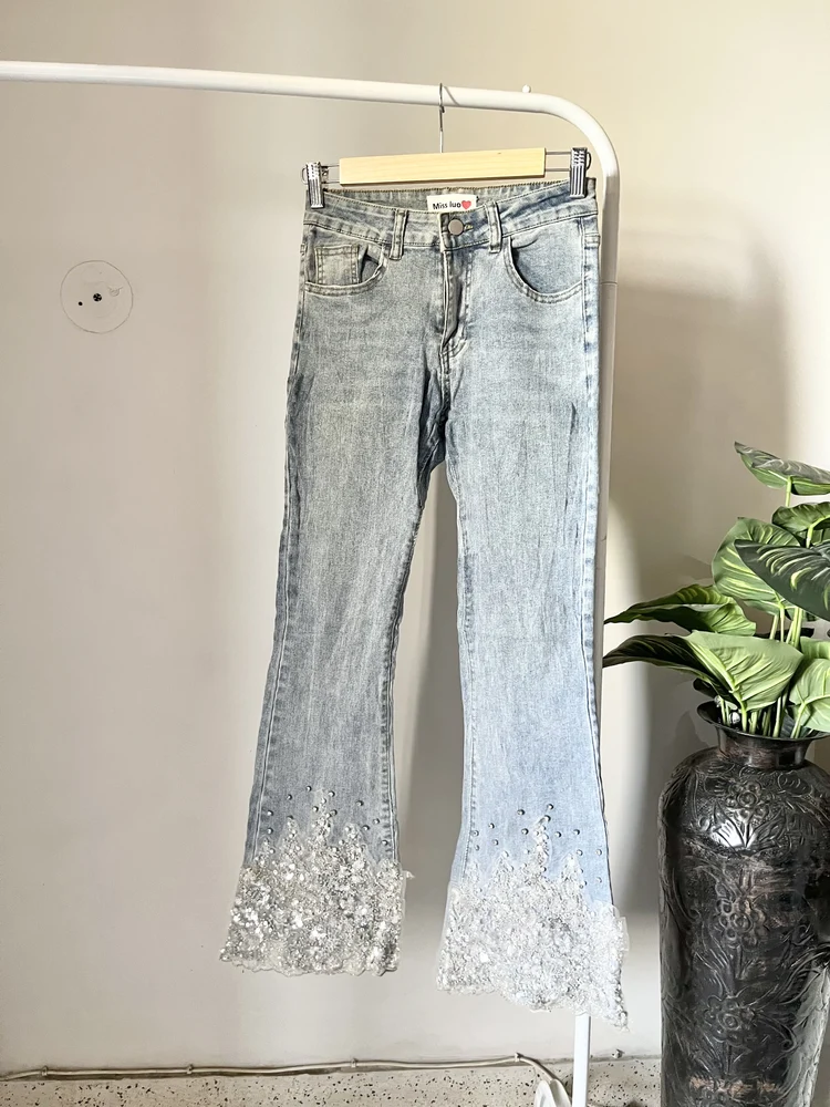 Blue bell bottom embroidery Jeans 
