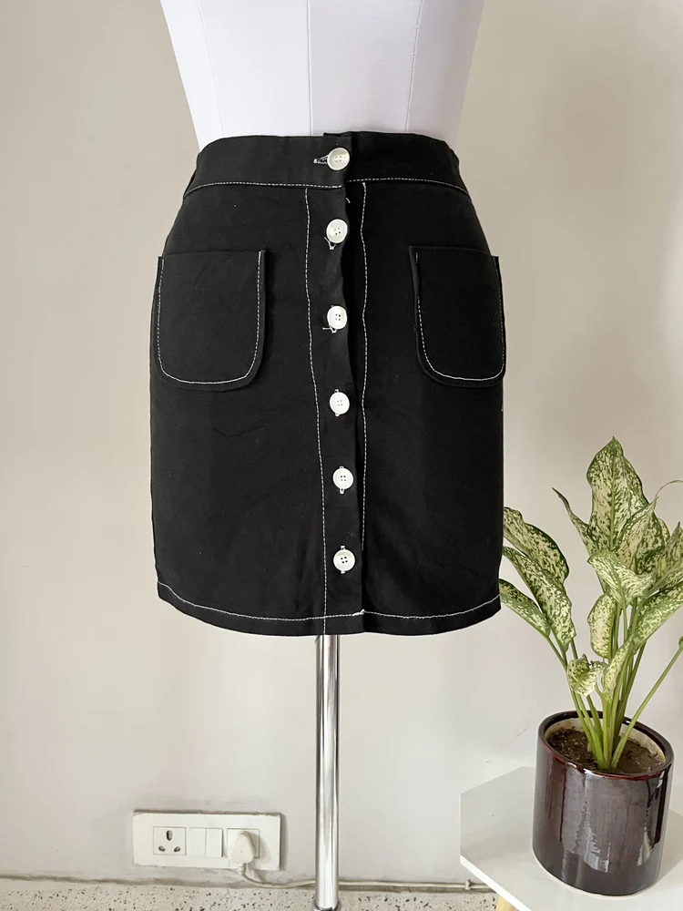 Black contast stitch denim skirt