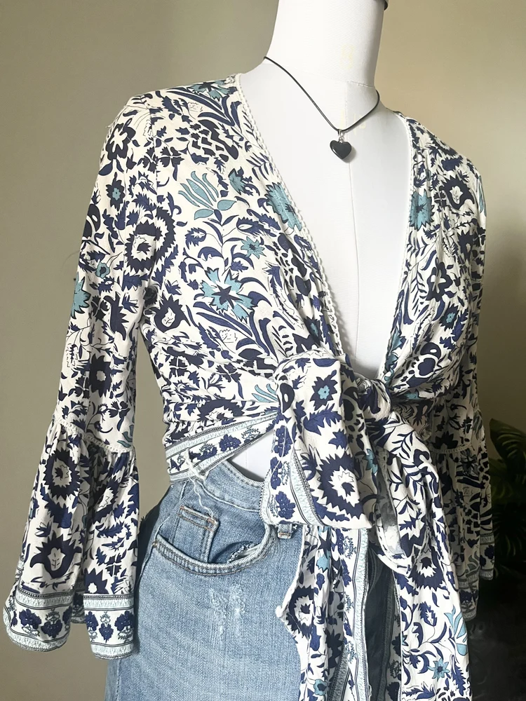 Blue paisley wrap top 