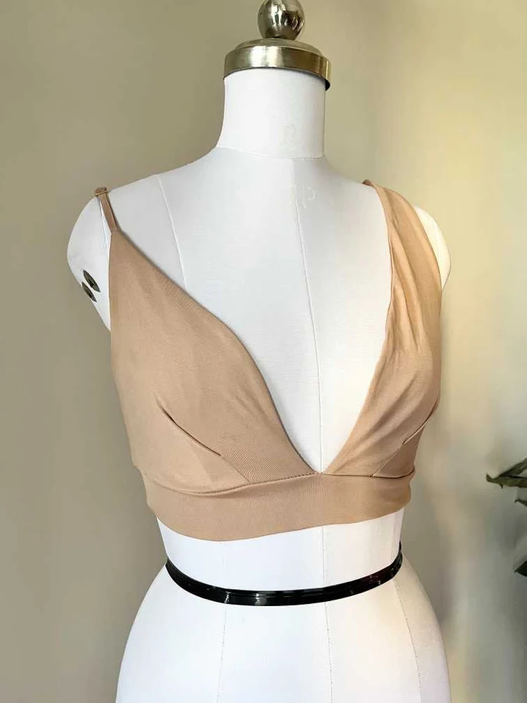 Beige plunge neck top