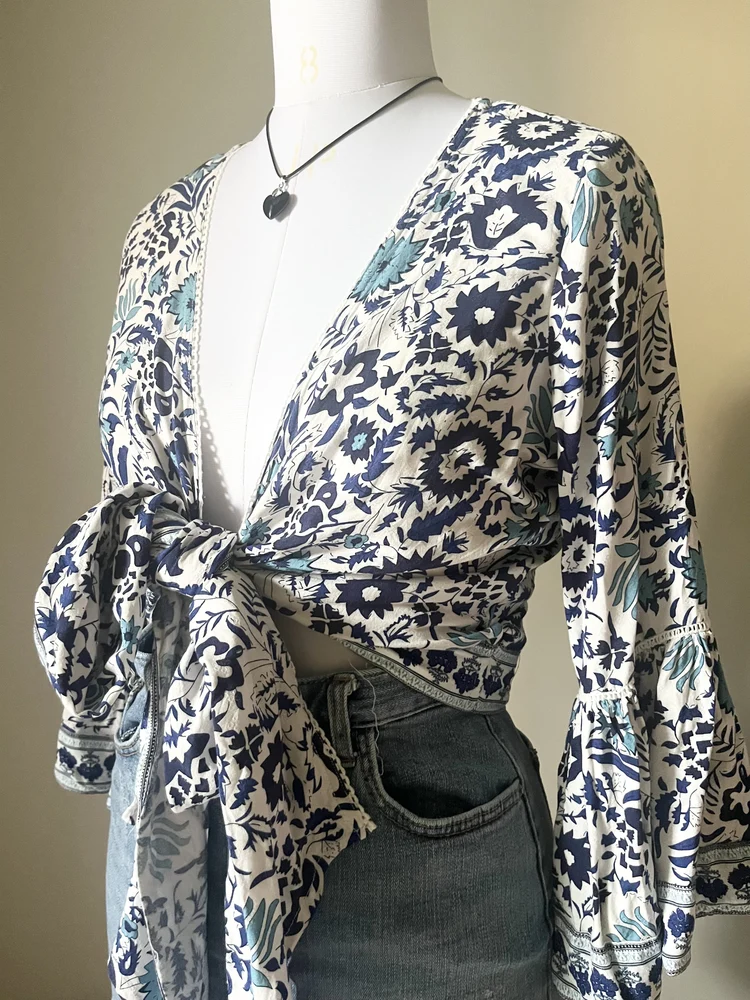 Blue paisley wrap top 