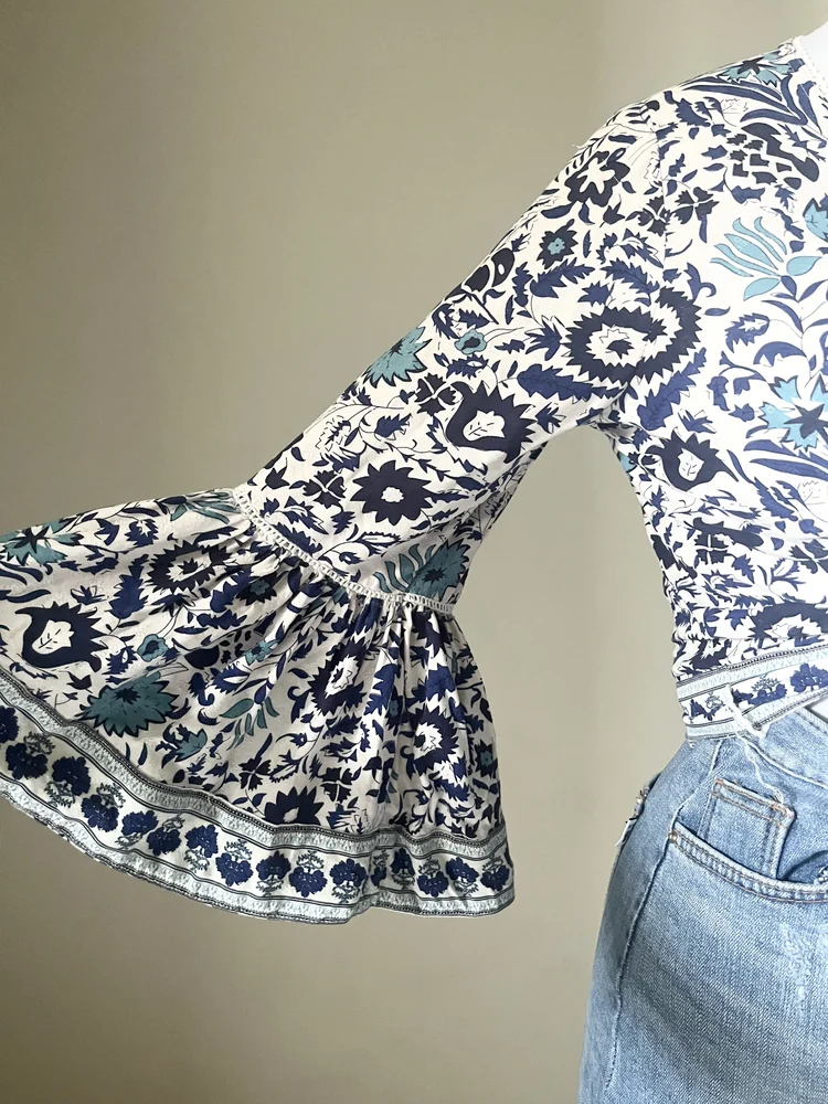 Blue paisley wrap top 