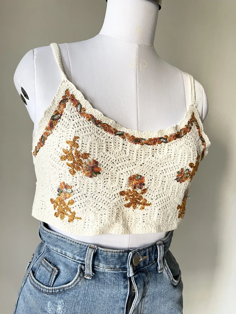 Beige floral crochet top 
