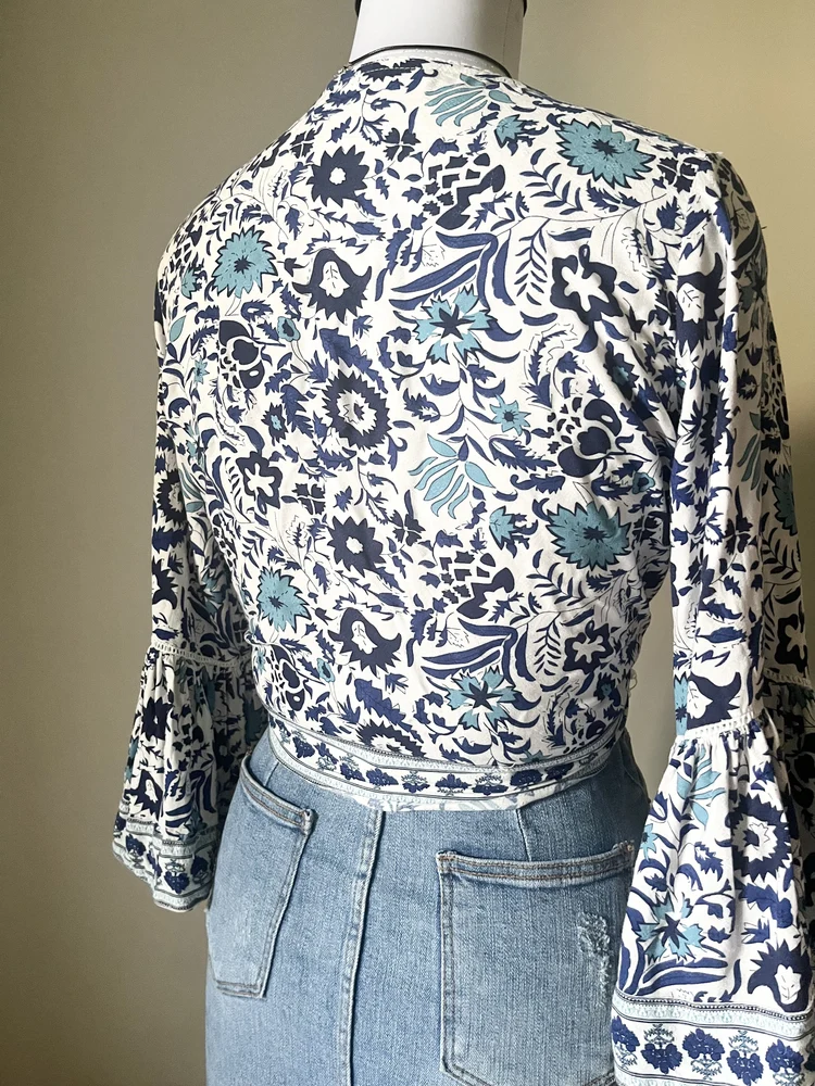 Blue paisley wrap top 